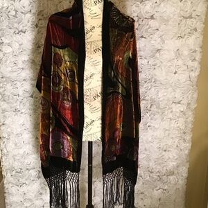 Artistic Black Green Brown Velvet Shawl with Black Fringe 30% Silk 70% Rayon